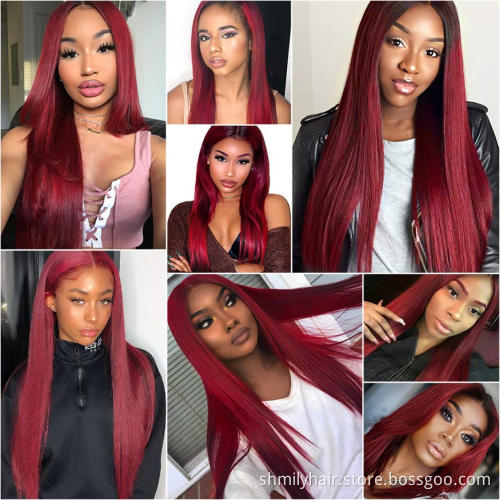 Factory Direct Supply 13x4 Lace Frontal Wig Brazilian Human Hair Silk Straight Cuticle Aligned Hair Transparent 99J Lace Wig